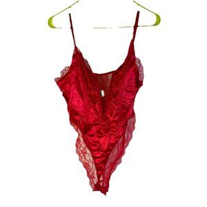 Vintage 80s Lingerie Satin Mesh Lace Teddy Body Suit Red